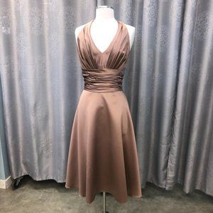 New Silky Satin Dress, Knee Length Aline Halter, Bronze Gold Bridesmaid Formal